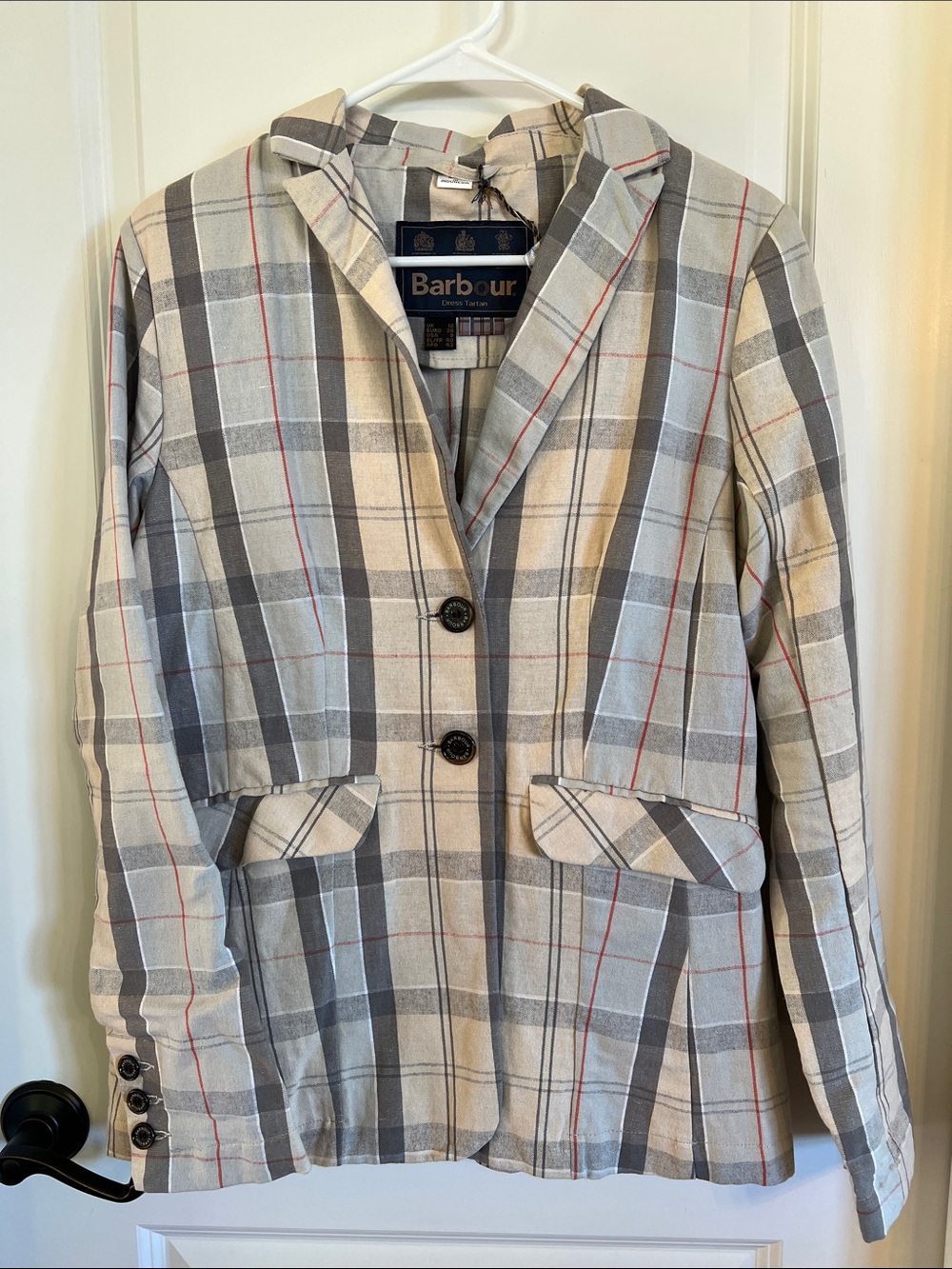 Barbour Cream and Gray Plaid Tailored Blazer with Red Accents - U.S. Size 8